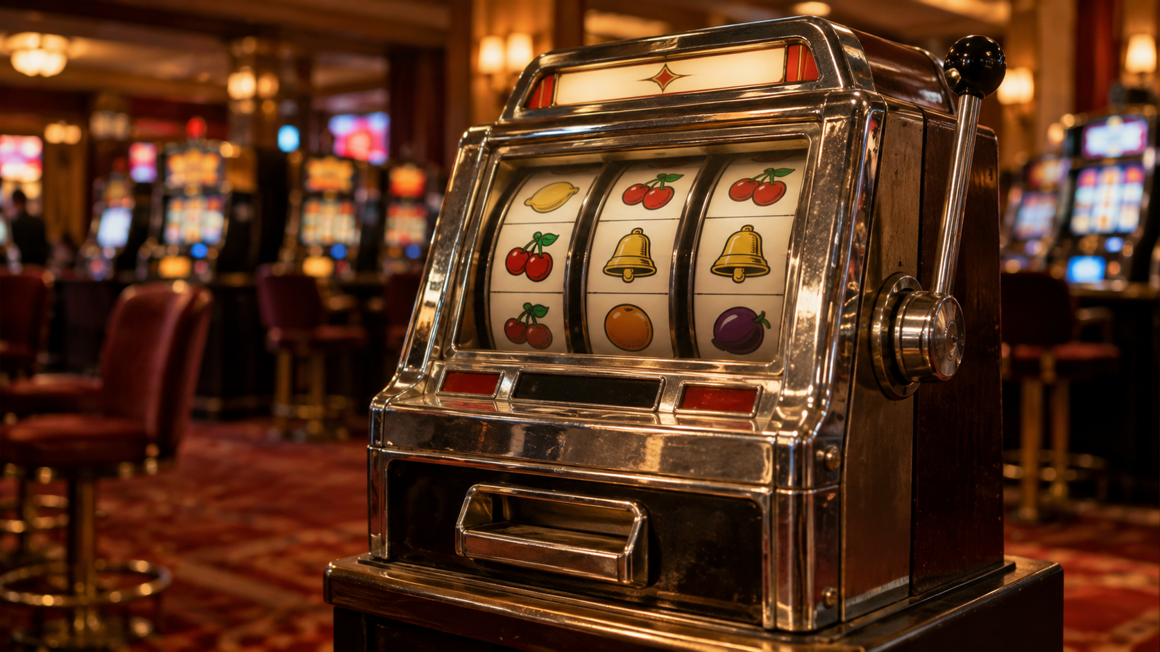 Klassisk enarmad bandit med frukt- och klocksymboler i en casinomiljö